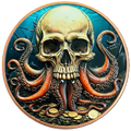 5 oz Copper High-relief Skull & Octopus With Sunken Pirate Ship & Treasure with Acrylic Case