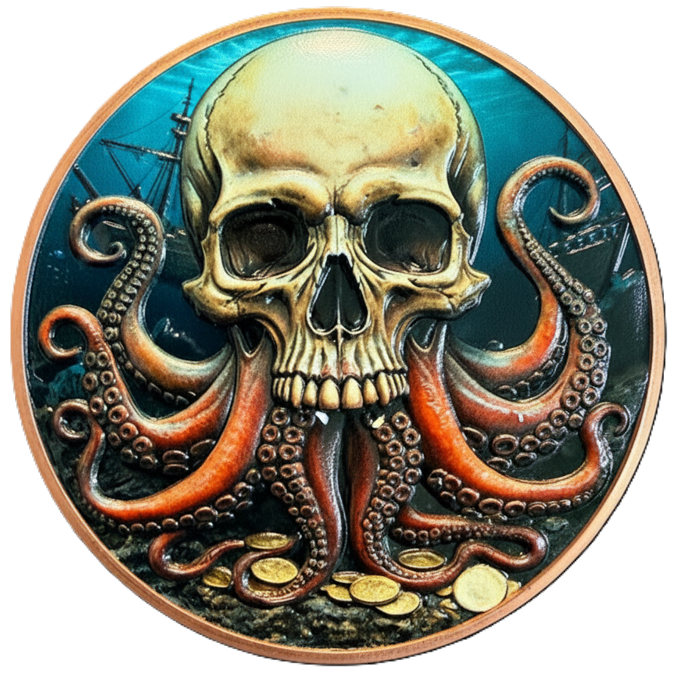 5 oz Copper High-relief Skull & Octopus With Sunken Pirate Ship & Treasure with Acrylic Case