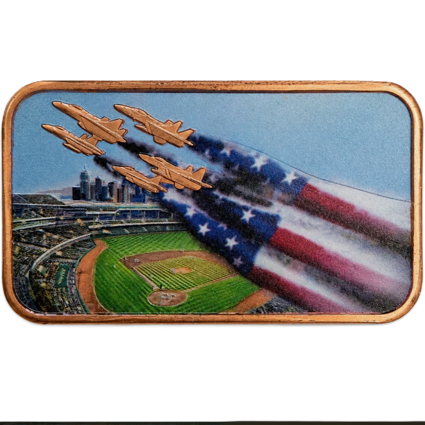 1 oz Colorized Copper Round - Military Fighter Jet Flyover Over Baseball Stadium - American Flag - Limited Mintage 25,000