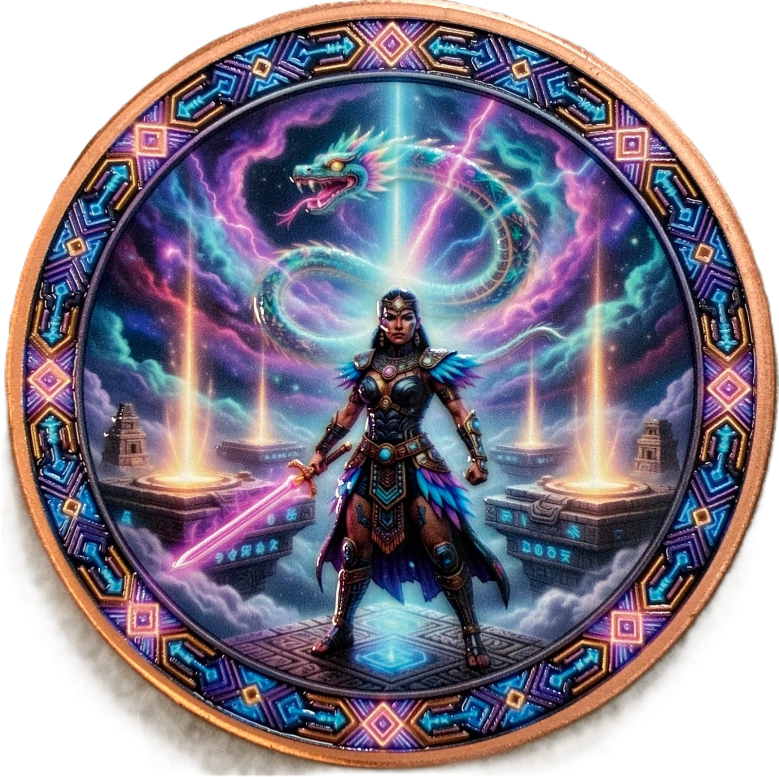 5 oz Copper Round Aztec Empress Warrior Eclipse Guardian High Relief in Capsule 5,000 Mintage With Acrylic Case