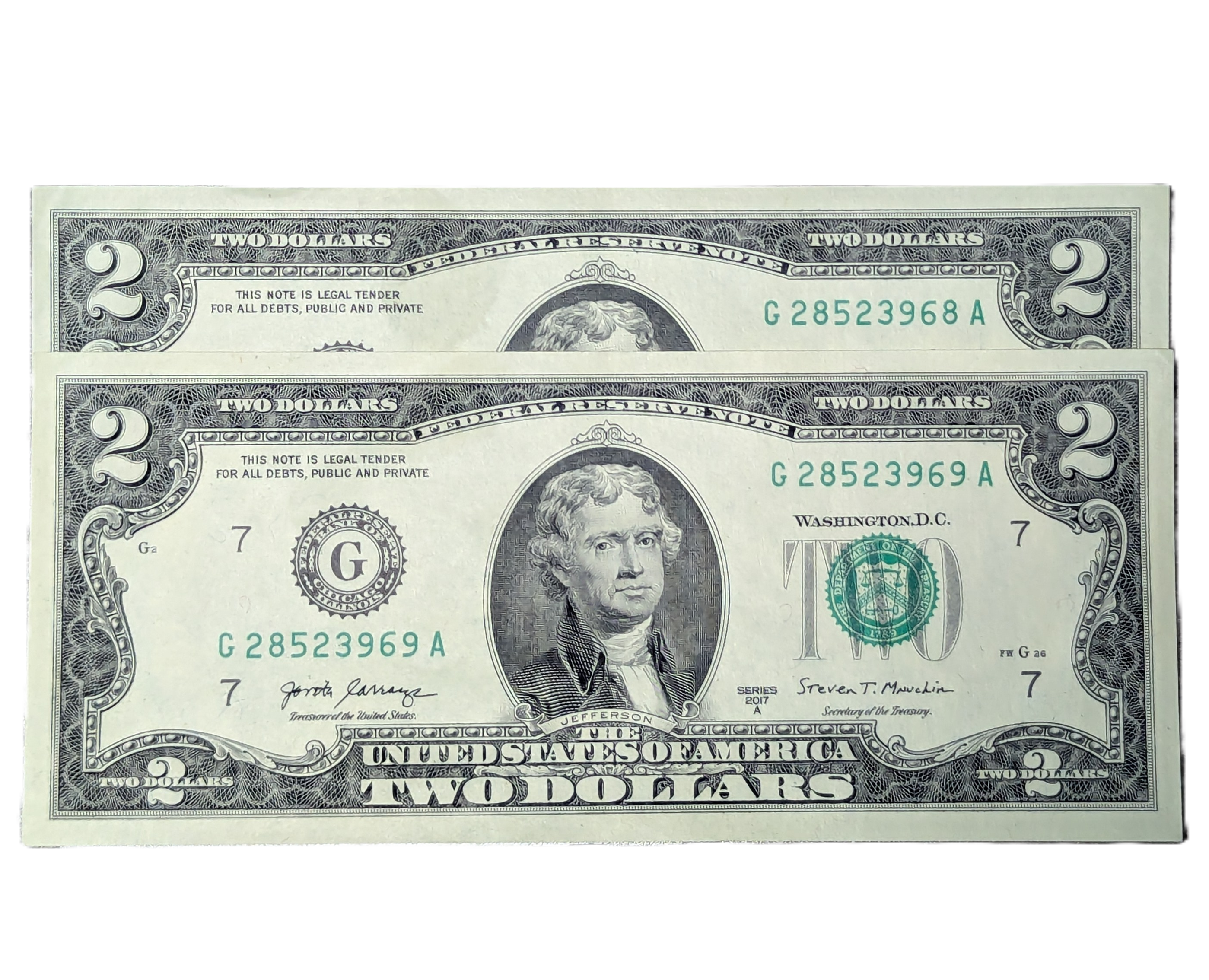 2 Consecutive 2017A BEP $2 bills 28523968 - 28523969