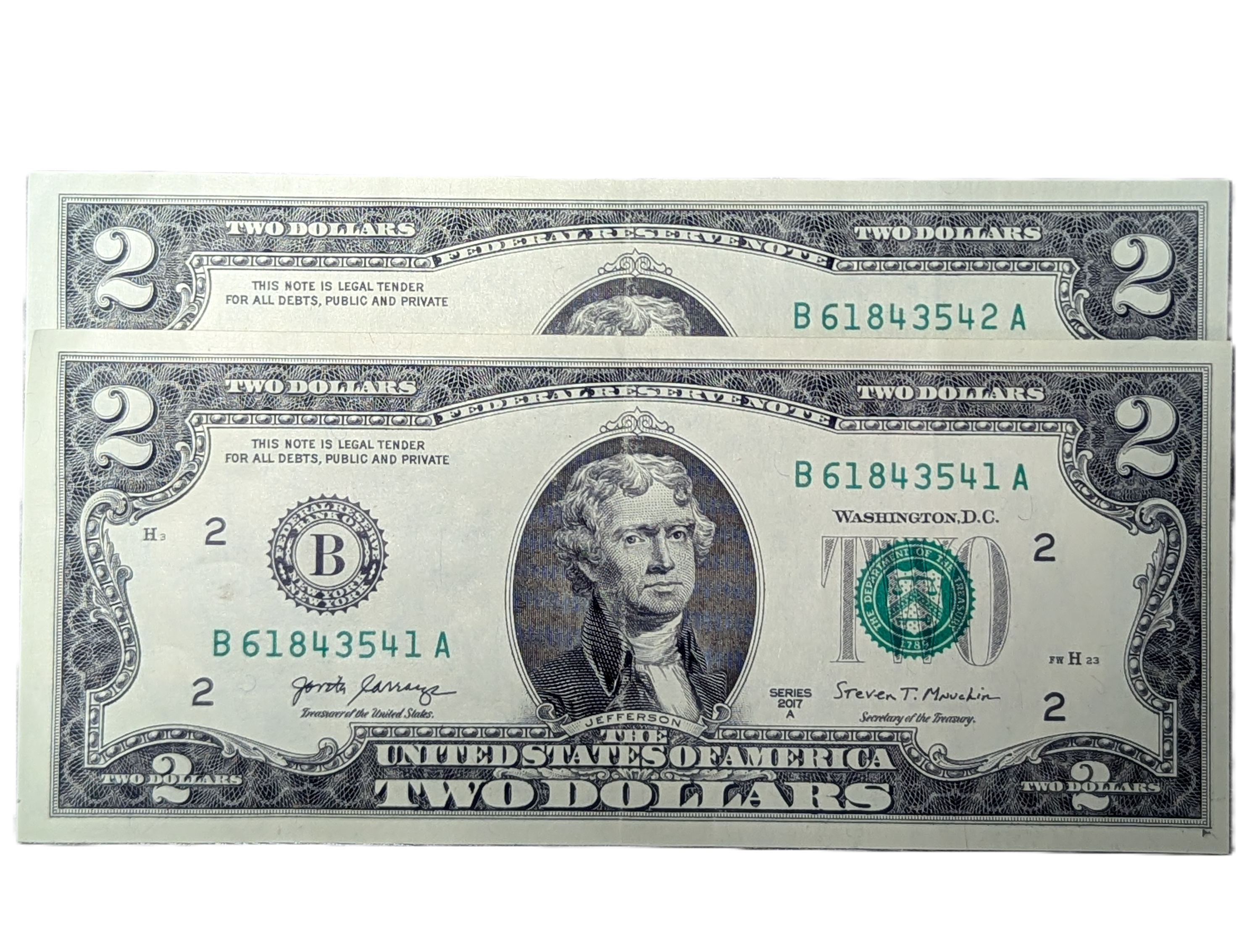 2 Consecutive 2017A BEP $2 bills 61843541 - 61843542