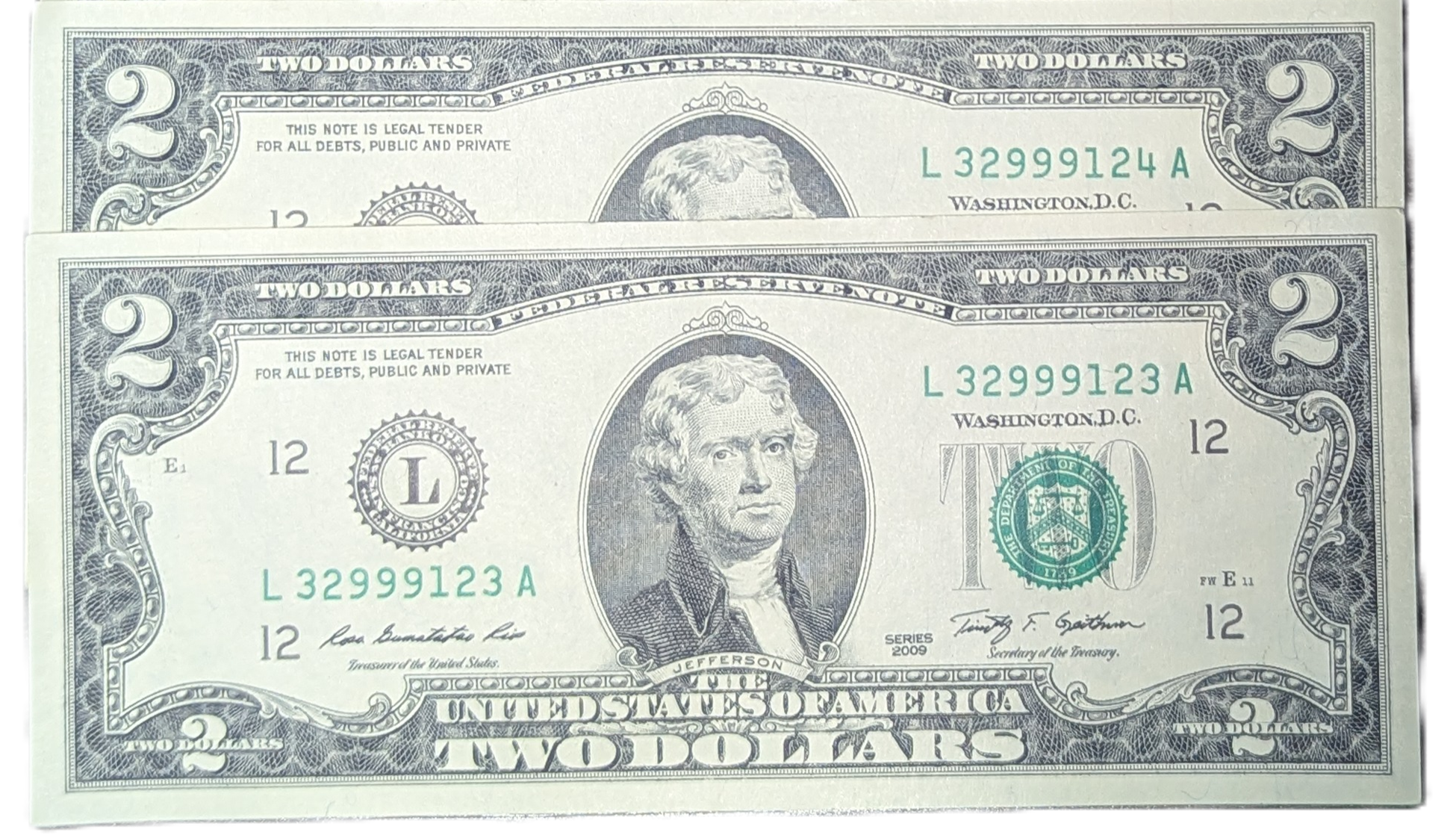 2 Consecutive 2017A BEP $2 bills 32999123 - 32999124
