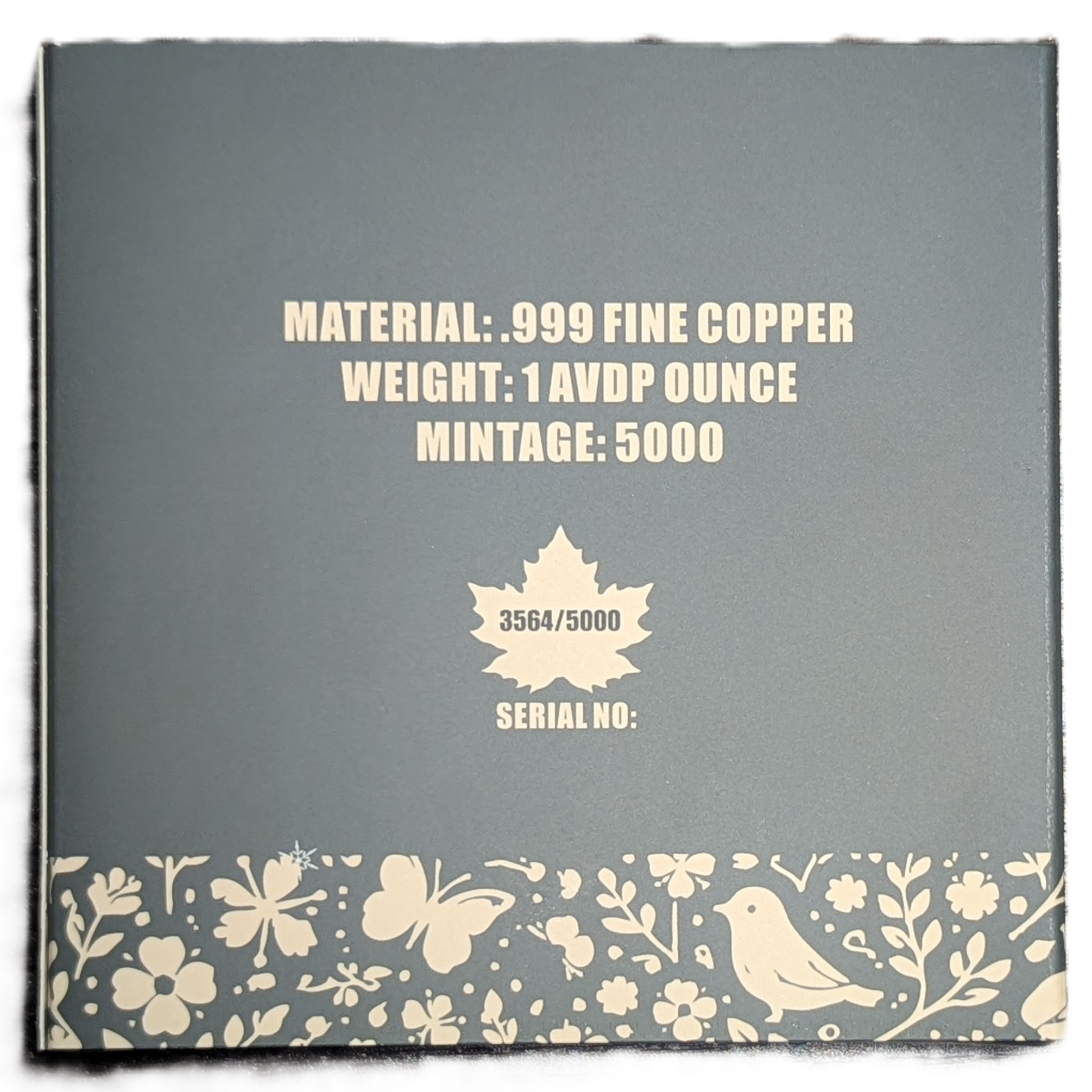 1 oz Copper Spring Maple Limited Edition Numbered 3,564 of 5,000 "Diamond Dusted"