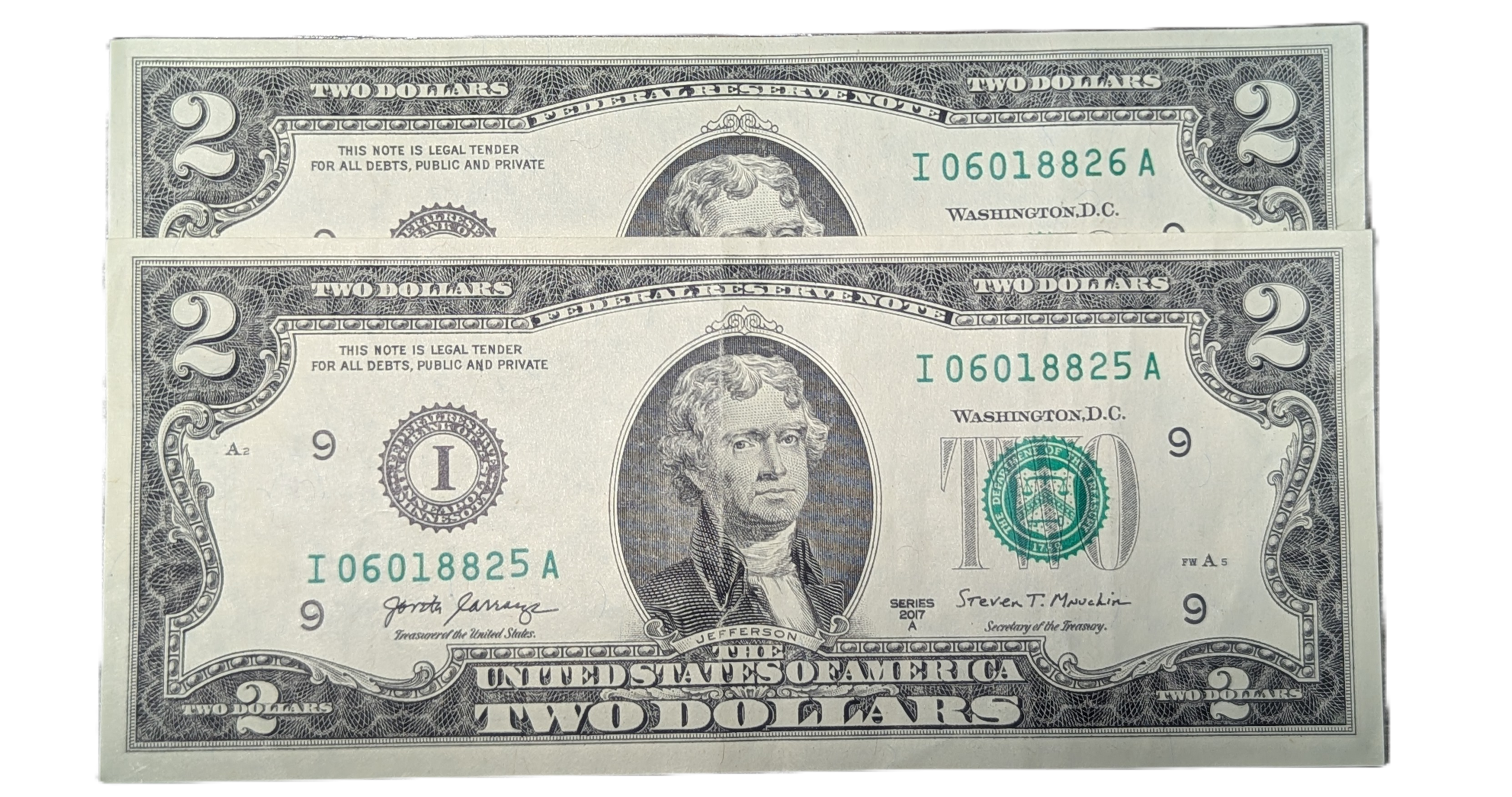 2 Consecutive 2017A BEP $2 bills 06018825 - 06018826