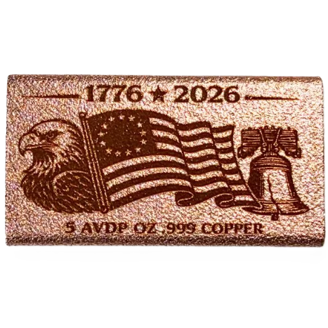 1776-2026 250th Anniversary Commemorative Laser Engraved 5 oz Copper Bar