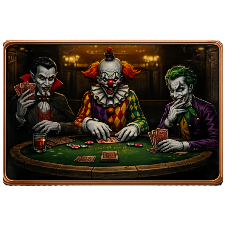 5 oz Copper Bar Horror Icons Playing Poker Dracula, Pennywise, Joker in Acrylic Case