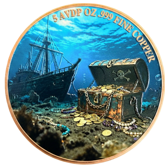 5 oz Copper High-relief Skull & Octopus With Sunken Pirate Ship & Treasure with Acrylic Case