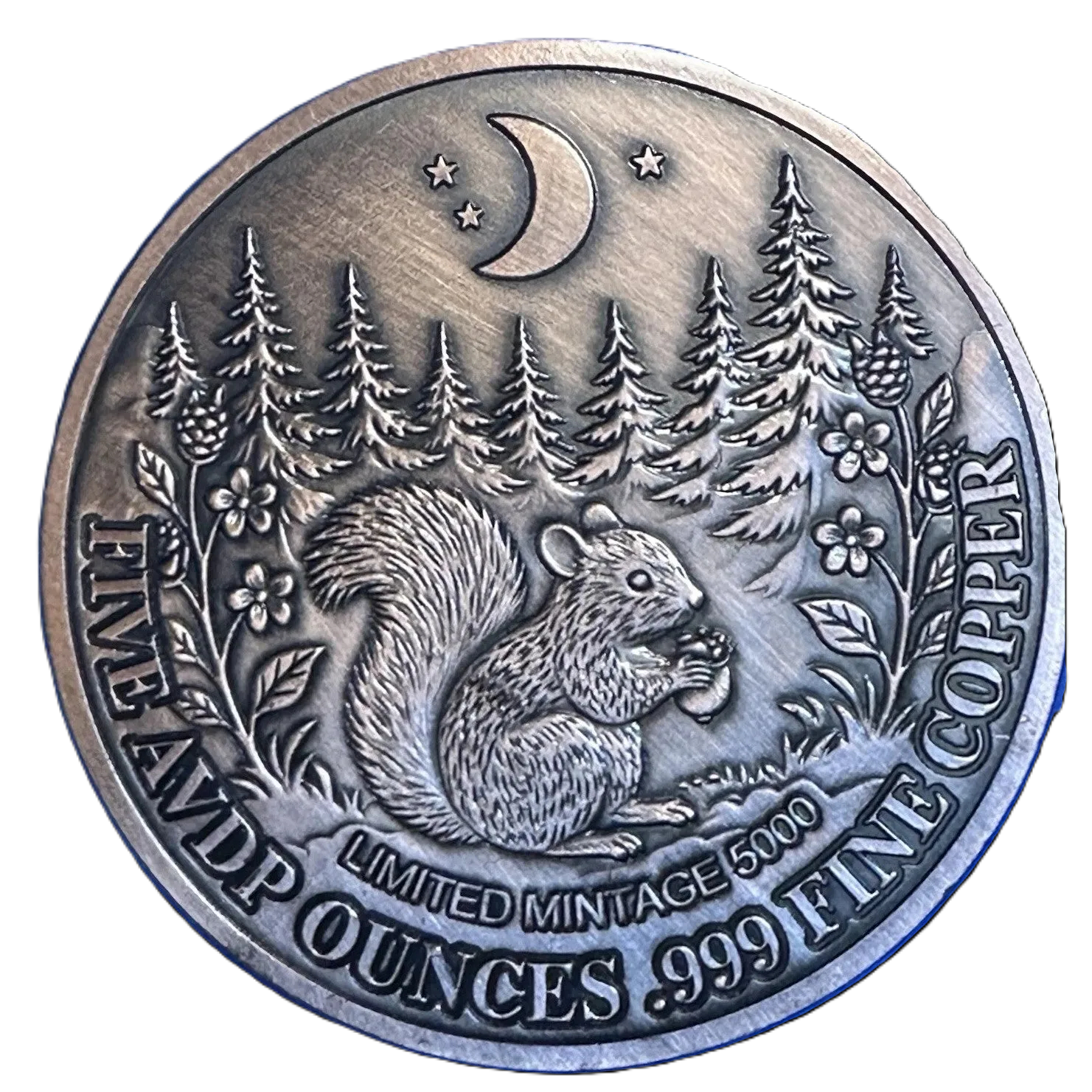 5 oz Copper Round Mystic Night Squirrel 5,000 Mintage With Acrylic Case