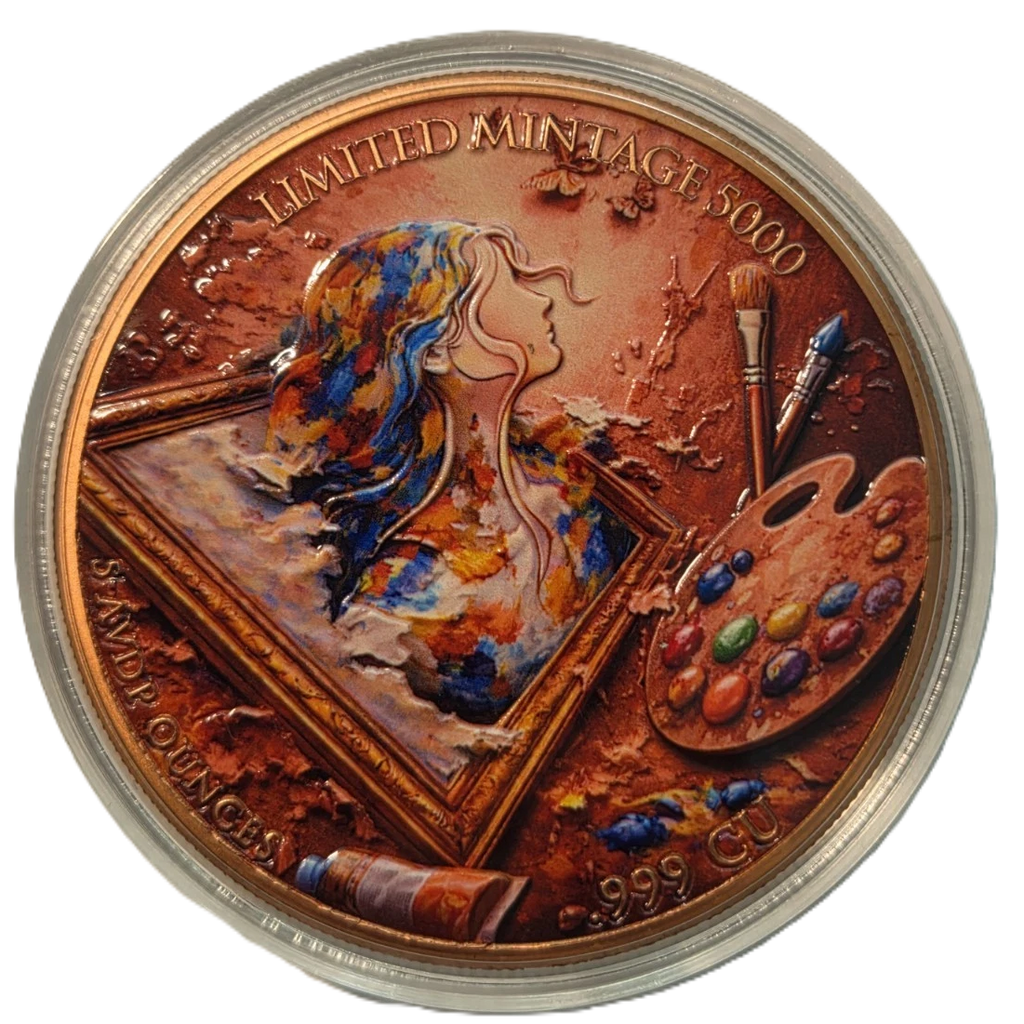 5 oz Copper Round Painters Reflection Painting Lady High Relief 5,000 Mintage With Acrylic Case