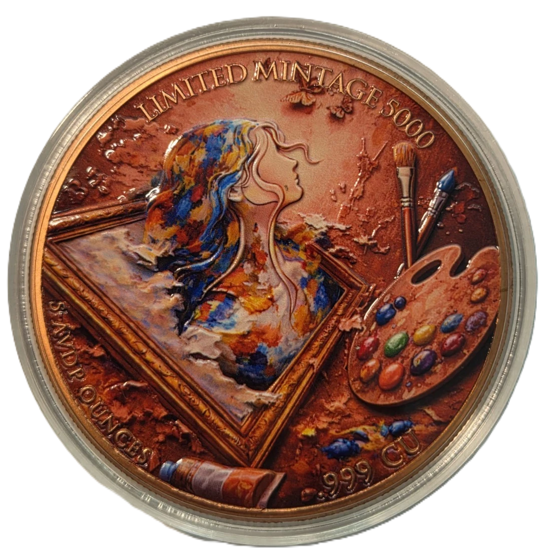 5 oz Copper Round Painters Reflection Painting Lady High Relief 5,000 Mintage With Acrylic Case