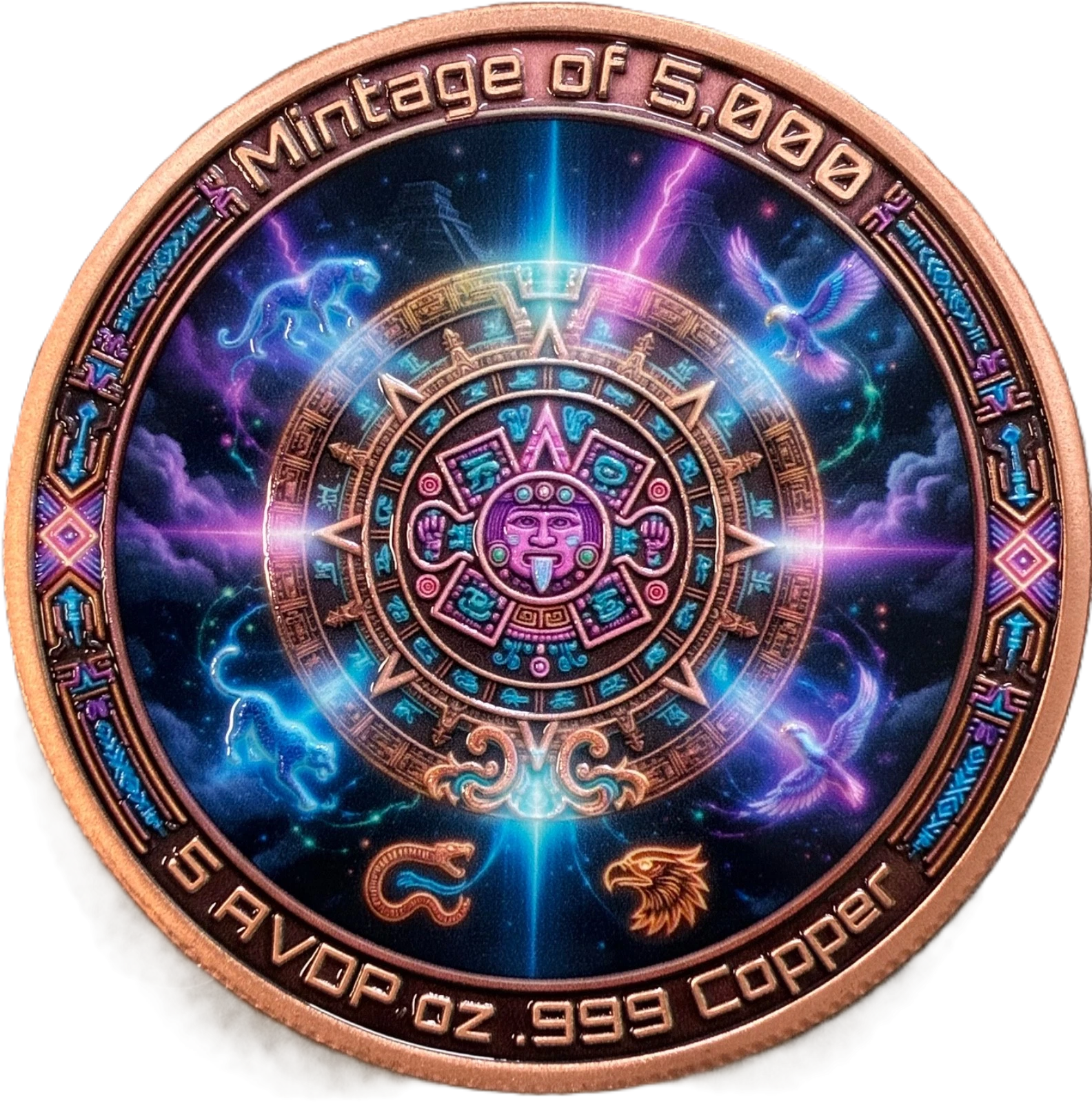5 oz Copper Round Aztec Empress Warrior Eclipse Guardian High Relief in Capsule 5,000 Mintage With Acrylic Case