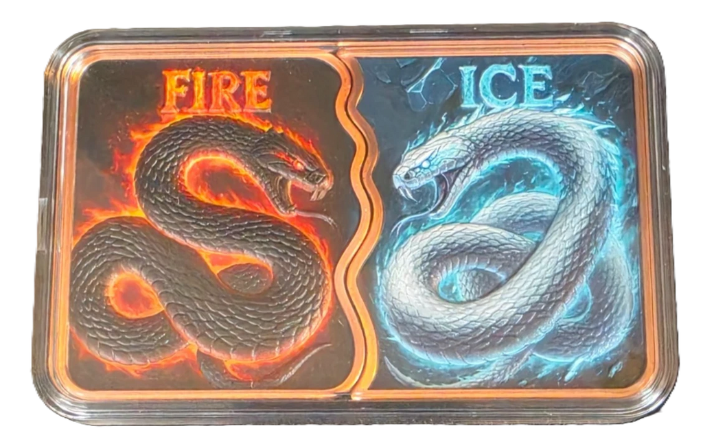 10 oz Fire & Ice Fusion Snakes Copper Bar in Acrylic Case