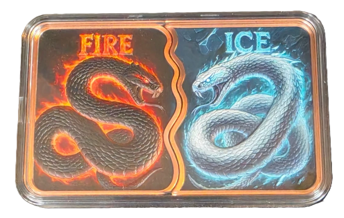 10 oz Fire & Ice Fusion Snakes Copper Bar in Acrylic Case