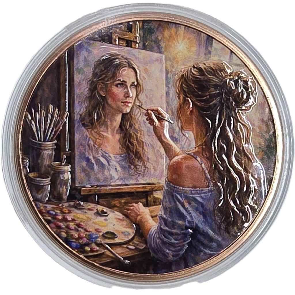 5 oz Copper Round Painters Reflection Painting Lady High Relief 5,000 Mintage With Acrylic Case
