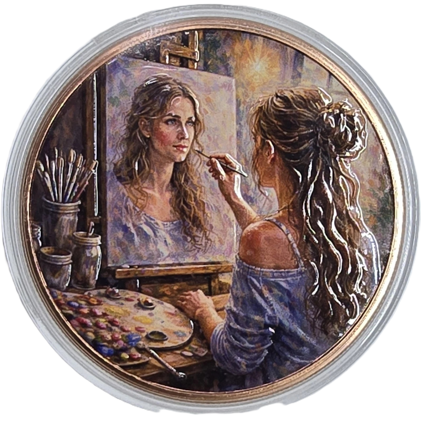 5 oz Copper Round Painters Reflection Painting Lady High Relief 5,000 Mintage With Acrylic Case