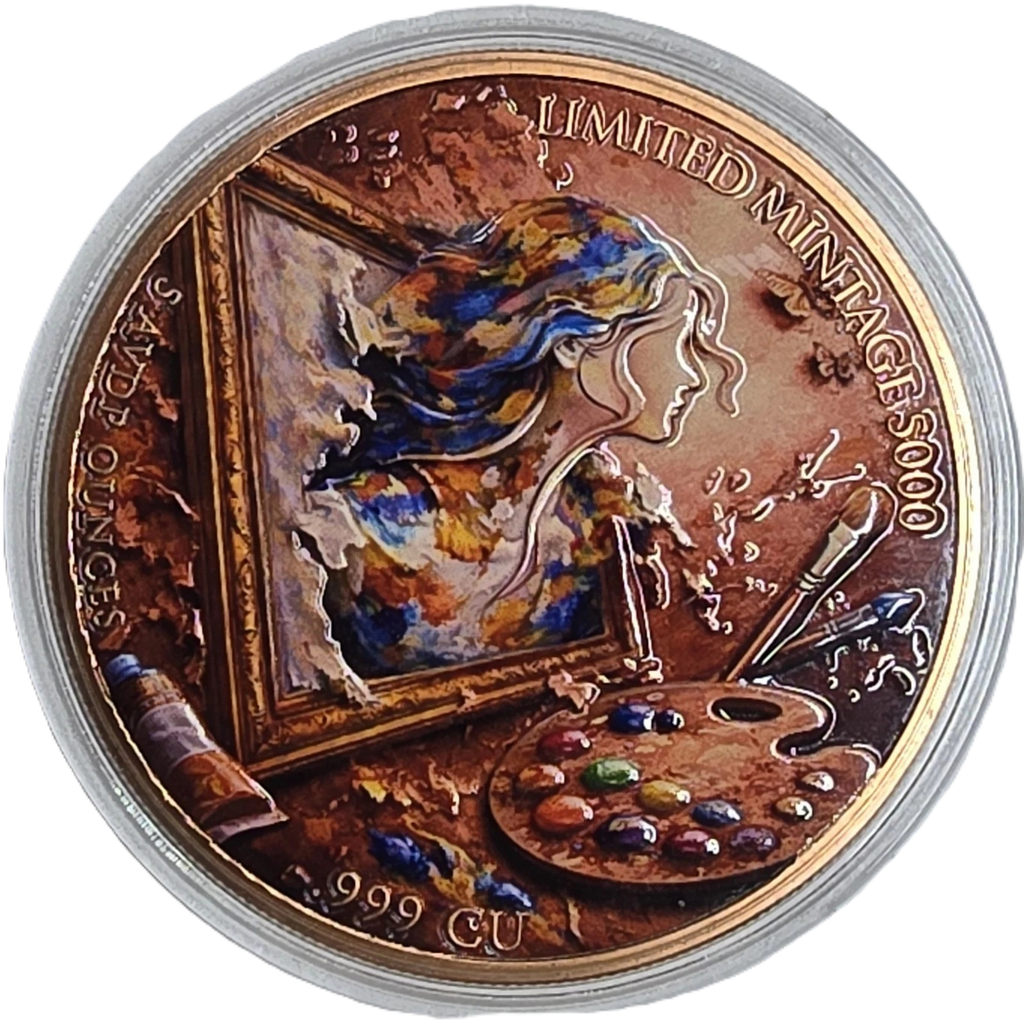 5 oz Copper Round Painters Reflection Painting Lady High Relief 5,000 Mintage With Acrylic Case