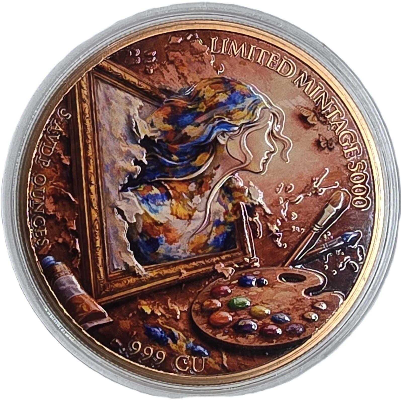 5 oz Copper Round Painters Reflection Painting Lady High Relief 5,000 Mintage With Acrylic Case