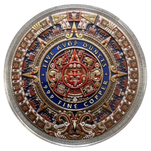 5 oz Copper Round Aztec Empire Angel Calendar Sun Stone