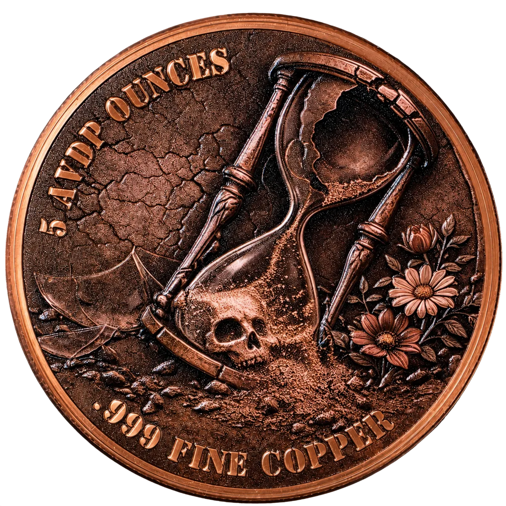 5 oz Copper Round - Memento Mori 5,000 Mintage With Acrylic Case