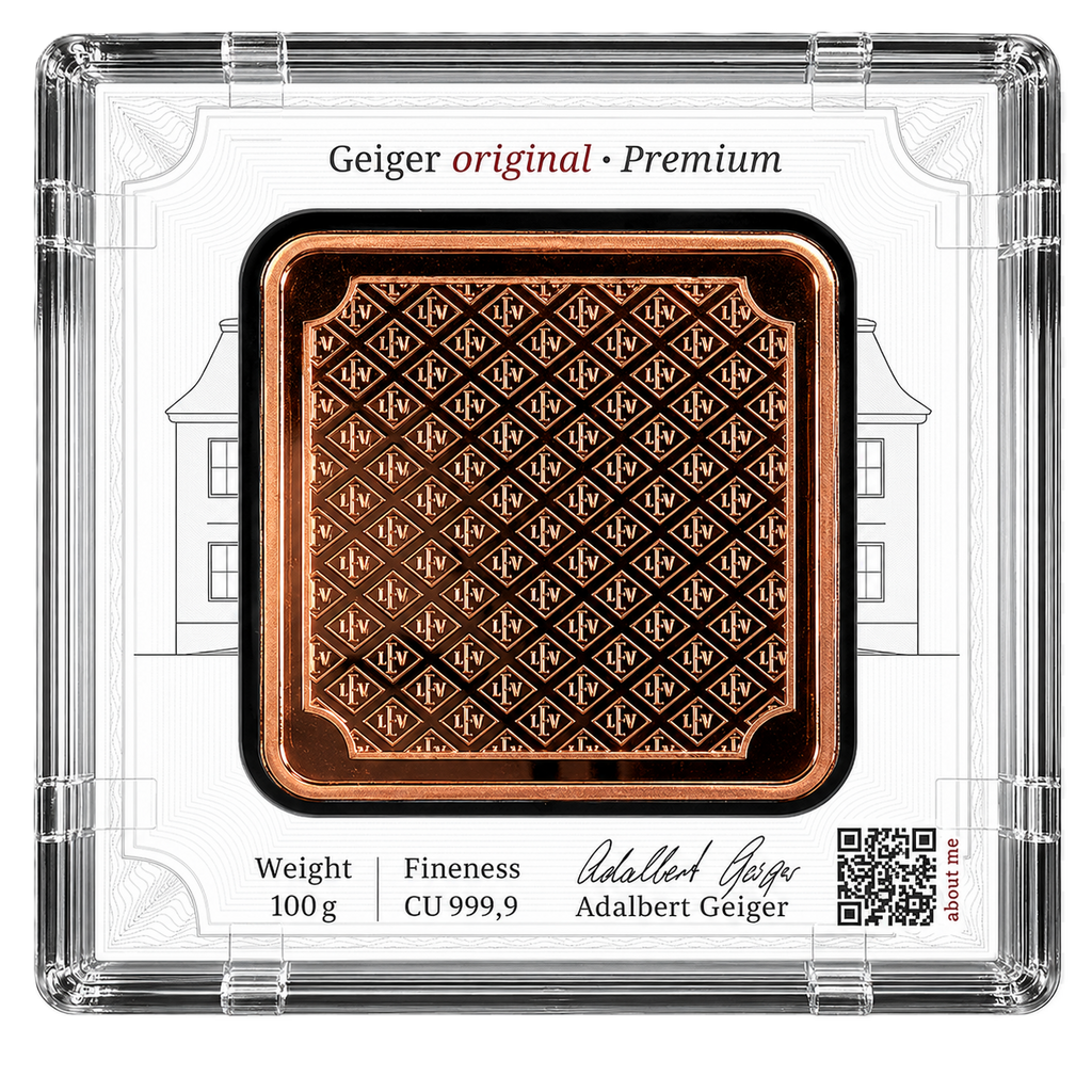 100g Copper Geiger Edelmetalle Copper Square in Assay – LE 5,000 American Flag