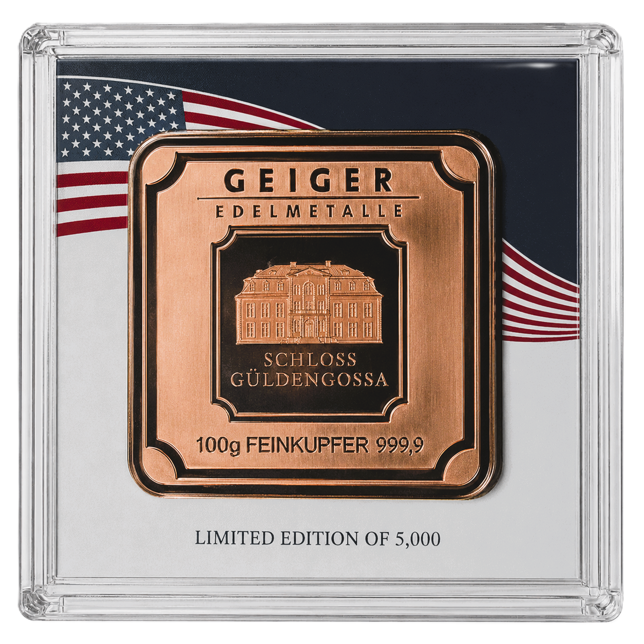 100g Copper Geiger Edelmetalle Copper Square in Assay – LE 5,000 American Flag