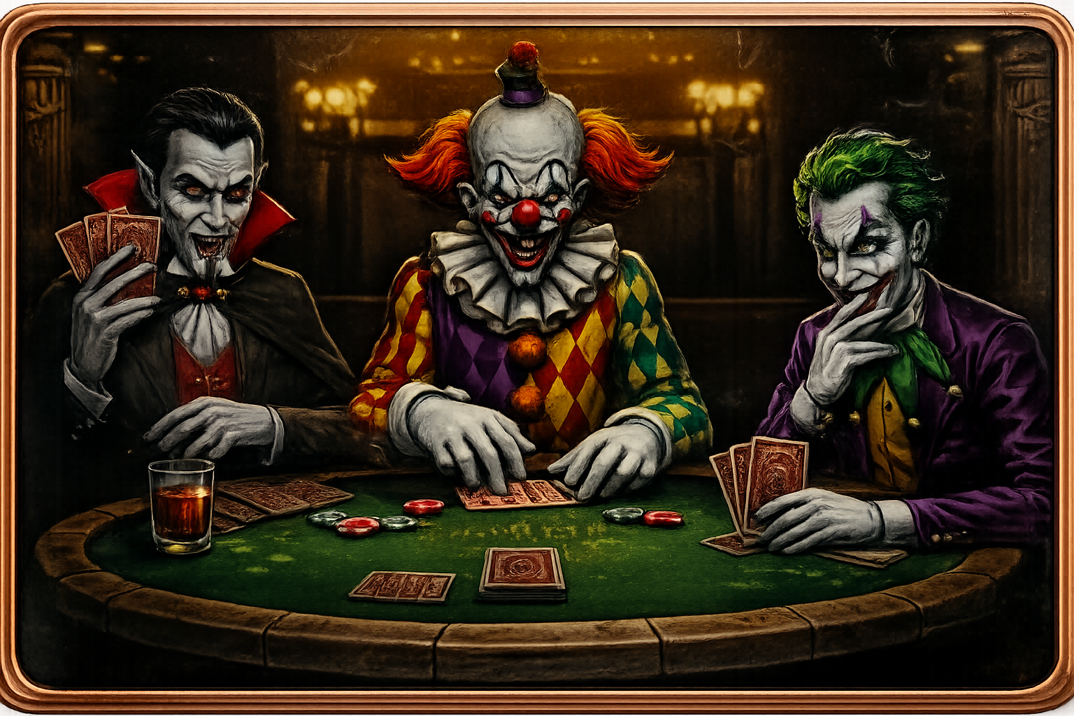 5 oz Copper Bar Horror Icons Playing Poker Dracula, Pennywise, Joker in Acrylic Case