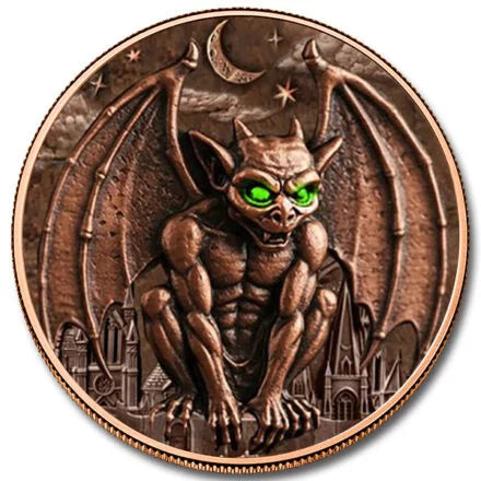 5 oz Copper Gargoyle  Round with Glow in the Dark Eyes with Acrylic Case