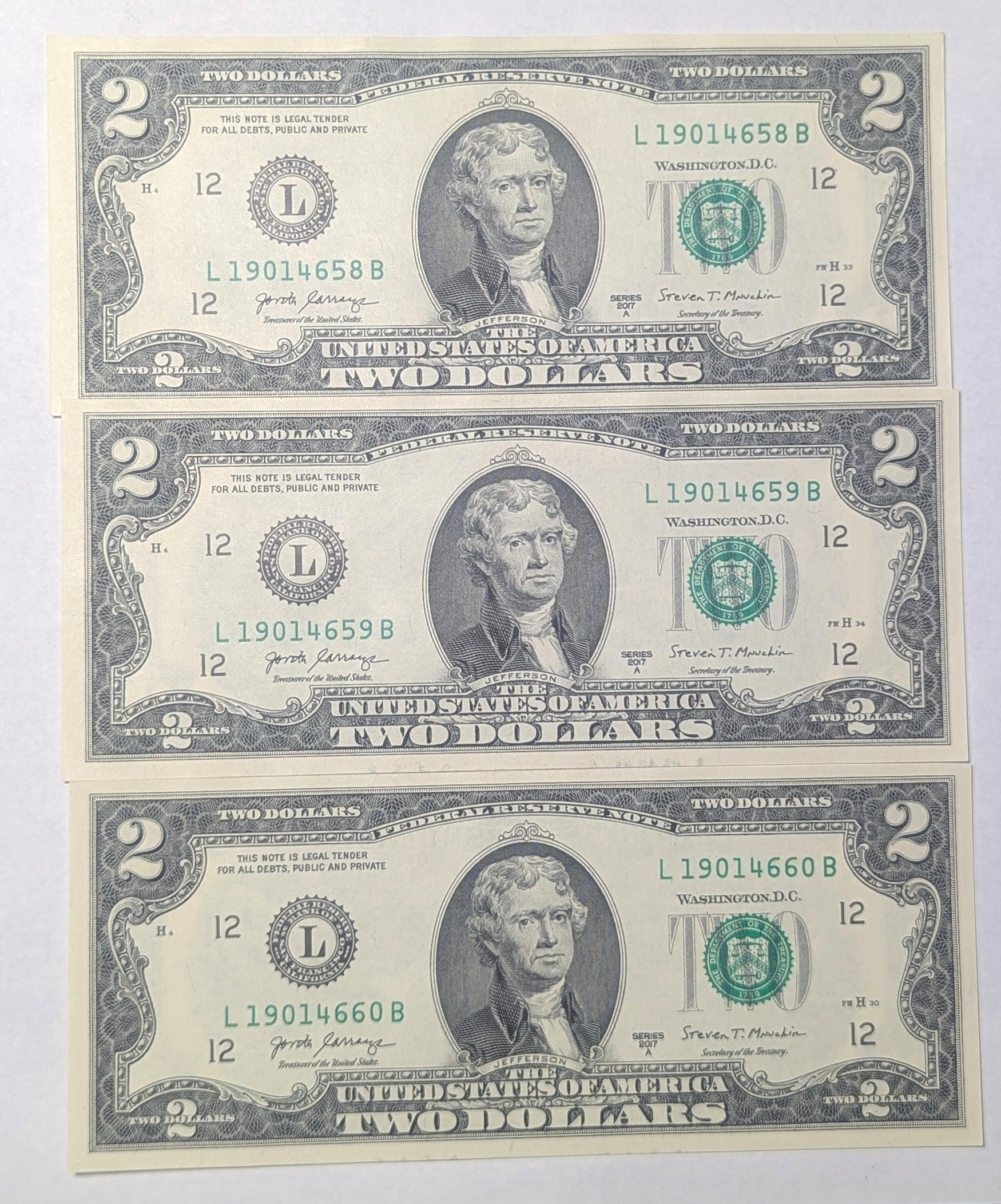 3 Consecutive 2017A BEP $2 bills 19014658 - 19014660