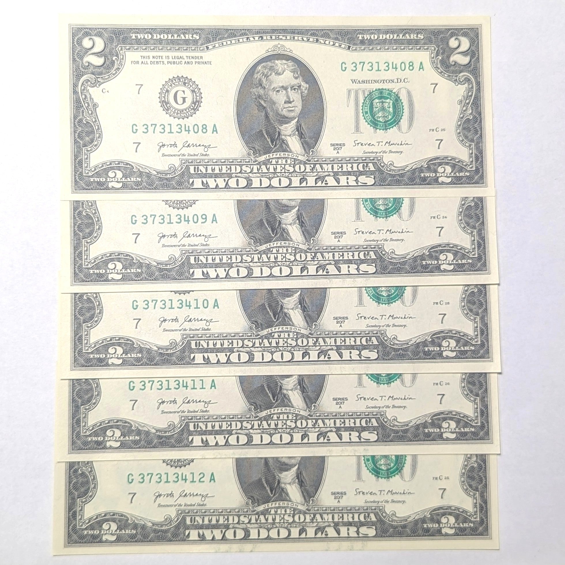 5 Consecutive 2017A BEP $2 bills 37313408 - 37313412