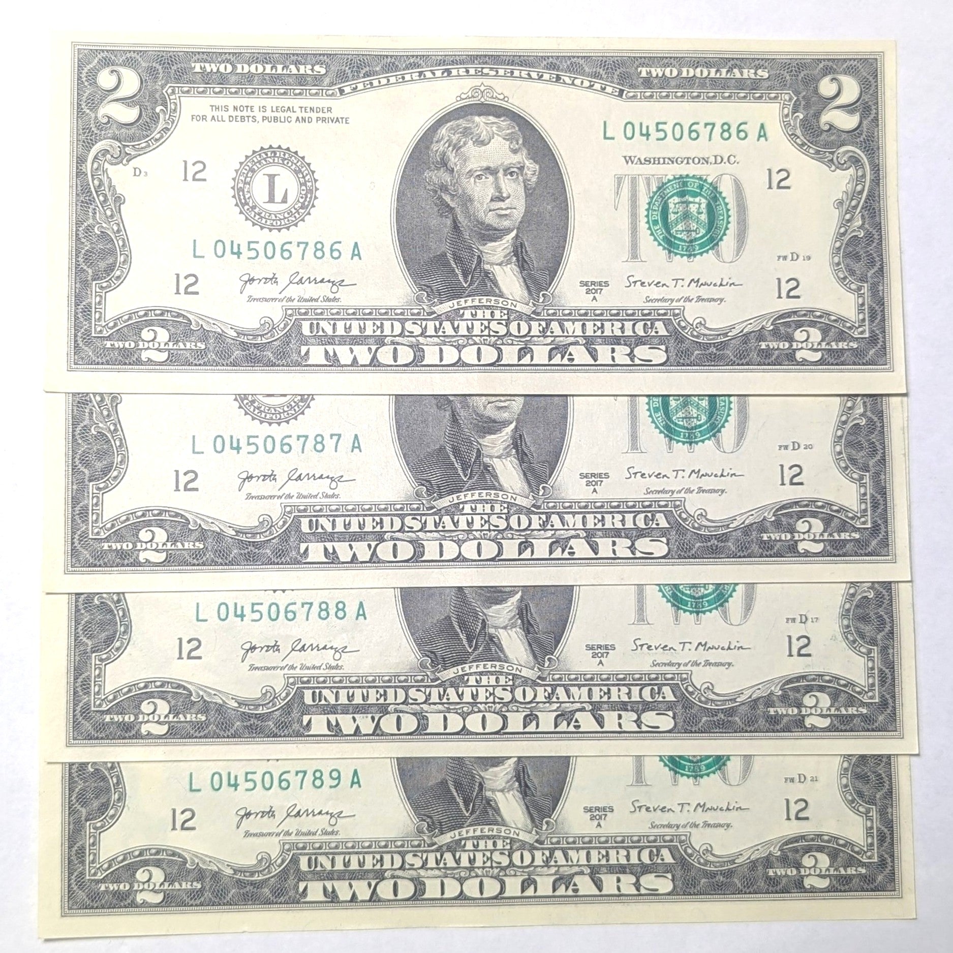 4 Consecutive 2017A BEP $2 bills 04506786 - 04506789