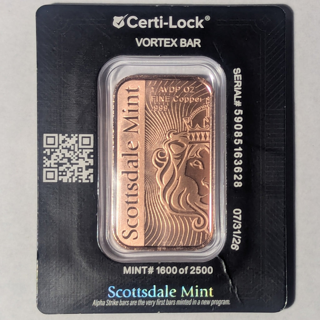 1 oz Copper Scottsdale Mint Vortex Alpha Strike™ Bar with Certi-Lock® Serialized Limited to 2,500