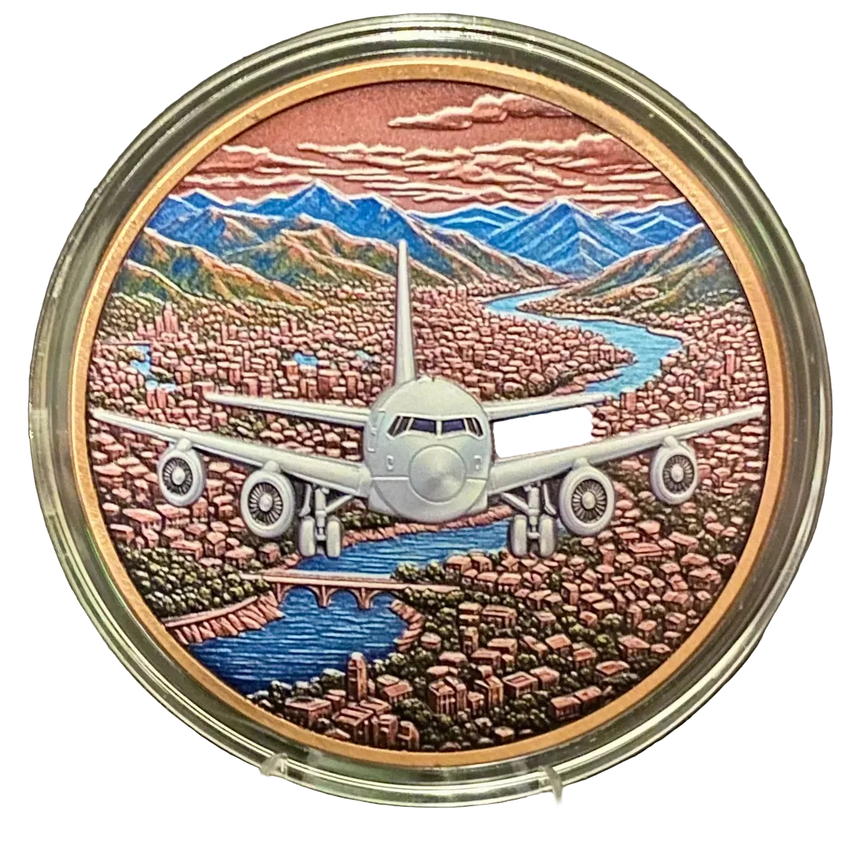 5 oz Copper Round Flight World Airline Airplane 5,000 Mintage With Acrylic Case