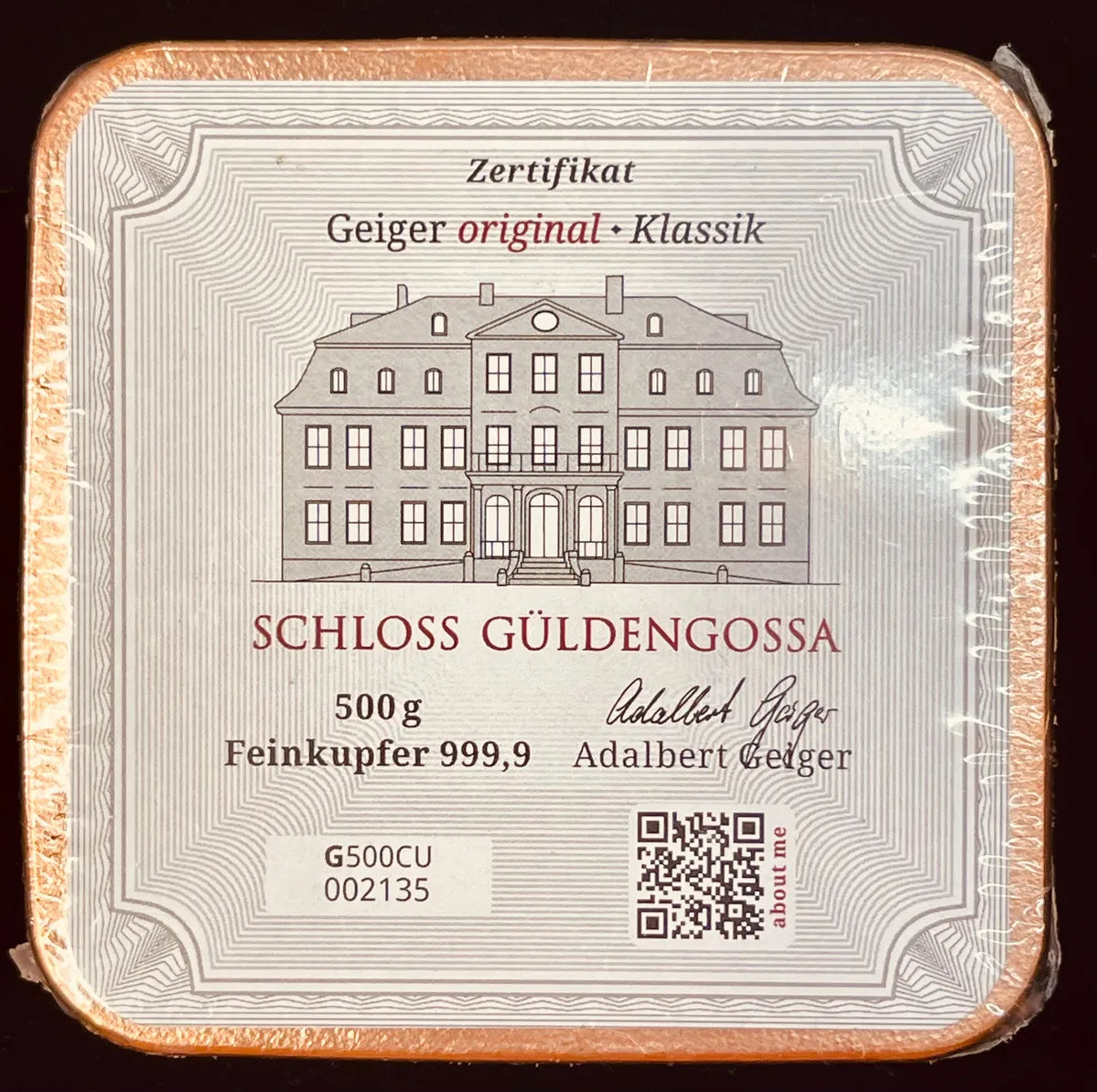 500g Geiger Copper Square Bullion by Germany’s Geiger Edelmetalle