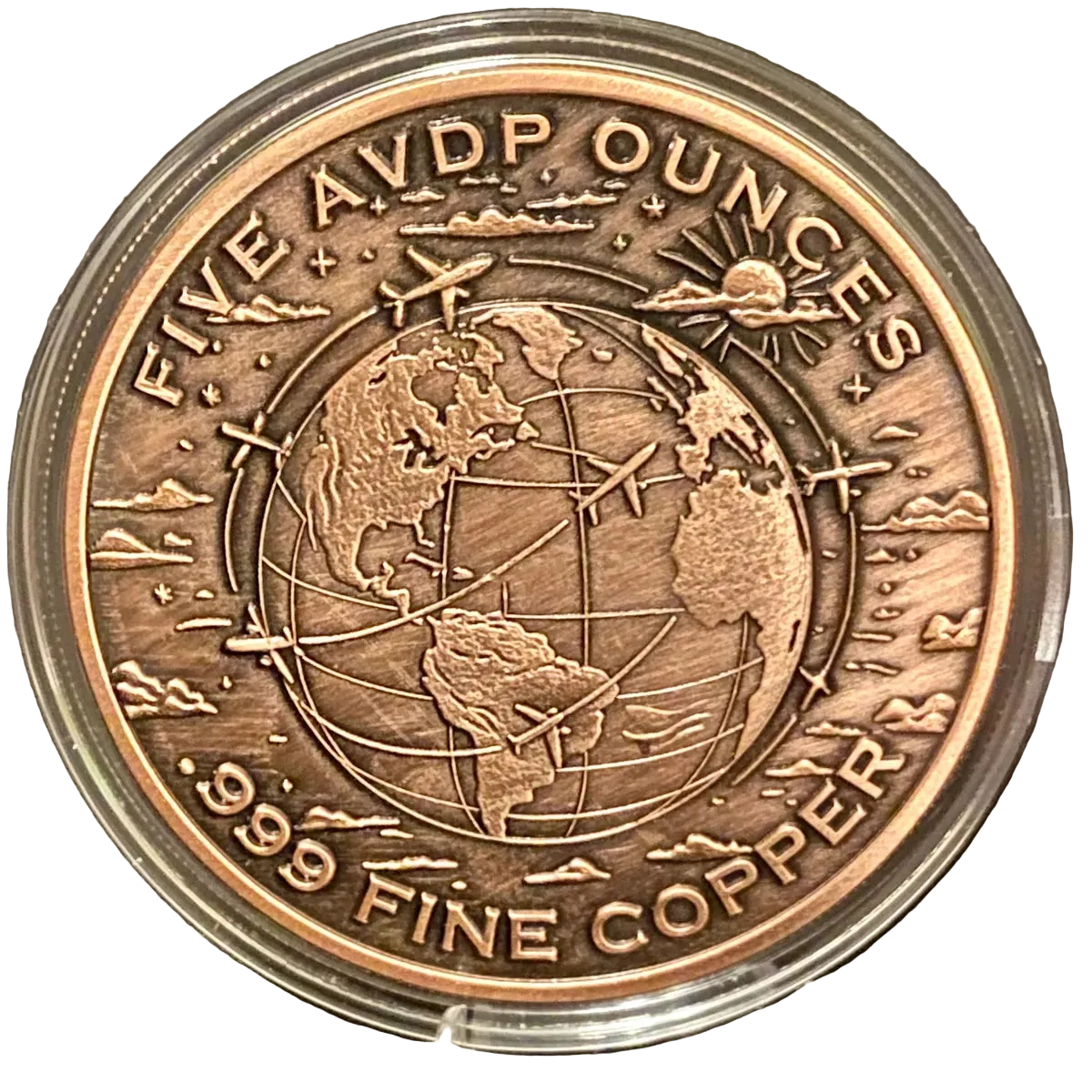 5 oz Copper Round Flight World Airline Airplane 5,000 Mintage With Acrylic Case