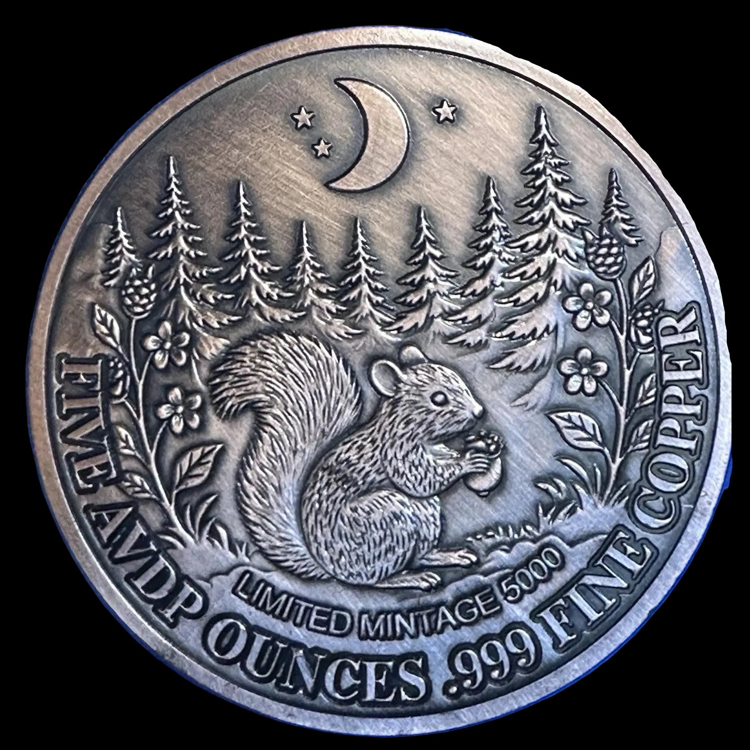 5 oz Copper Round Mystic Night Squirrel 5,000 Mintage With Acrylic Case
