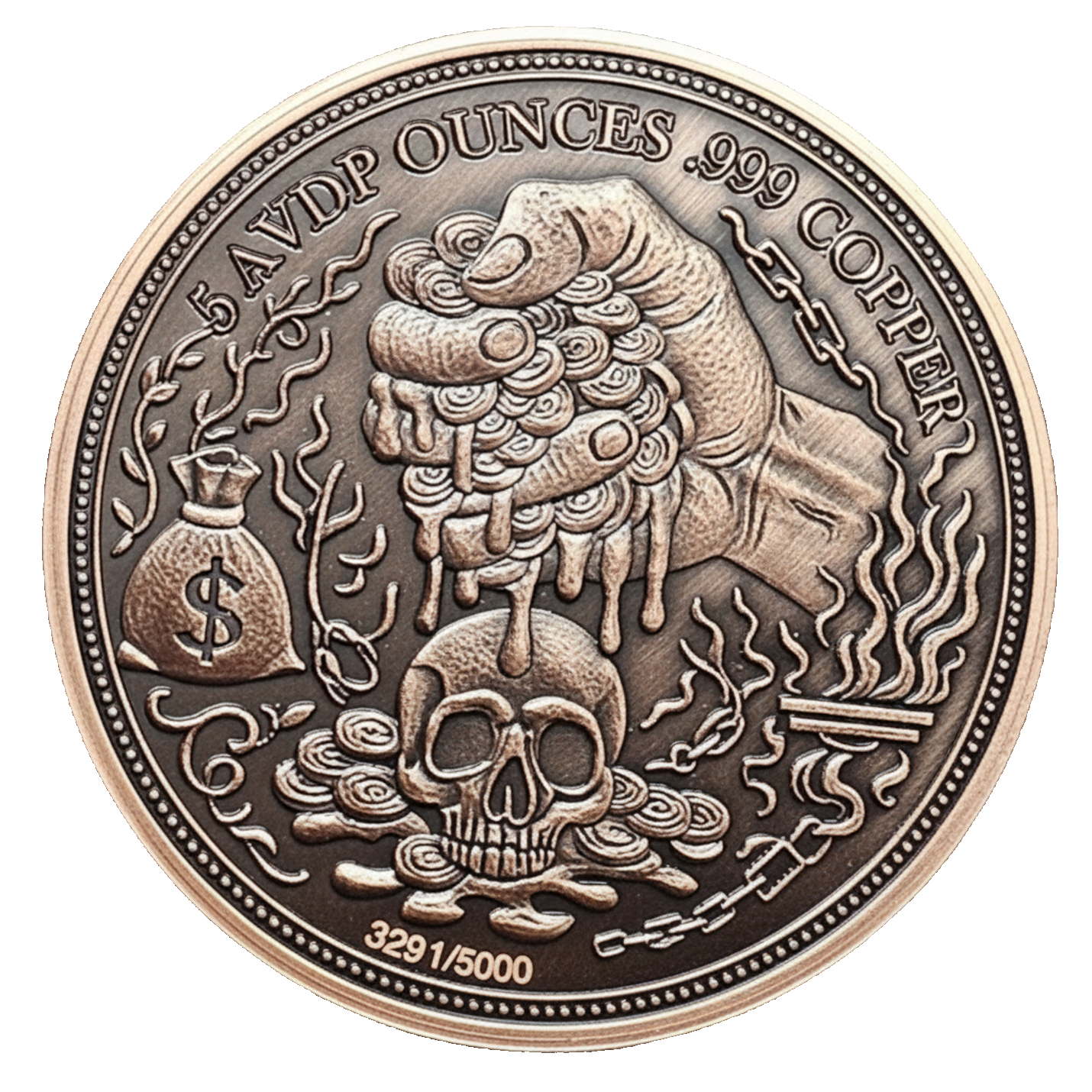 5 oz Copper - "Greed" Limited Edition Numbered out of 5000 in Acrylic Case