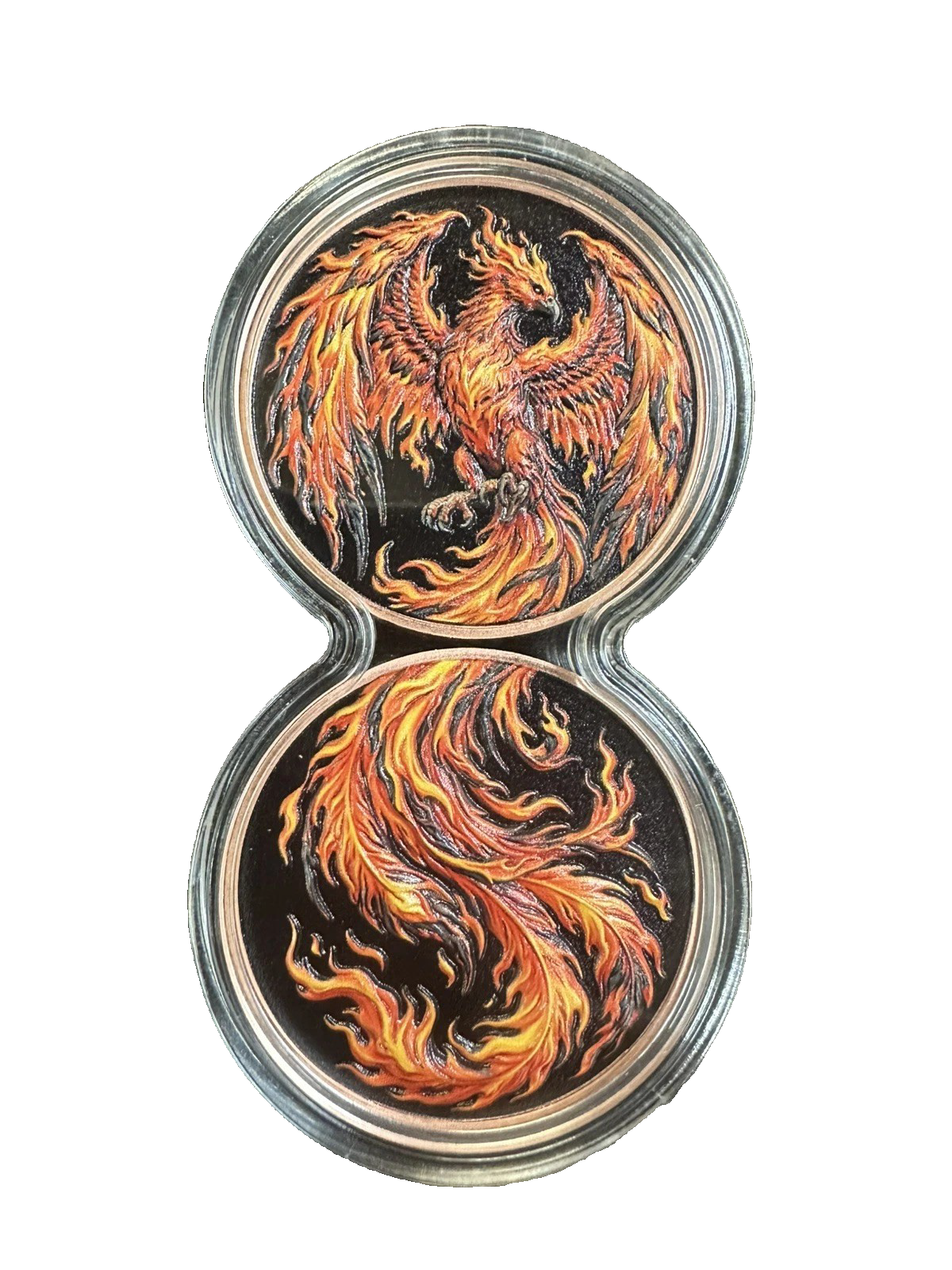 2 x 1 oz Copper Fiery Phoenix Colorized Copper Rounds (With Infinity Capsule)