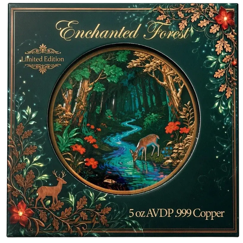 5 oz Copper Enchanted Forest Round Colorized Deer 5,000 Mintage & Box