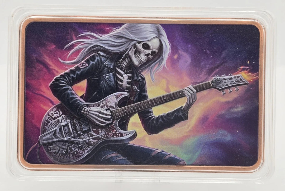 5 oz Copper Bar Eternal Riff Skeleton Guitar in Acrylic Case
