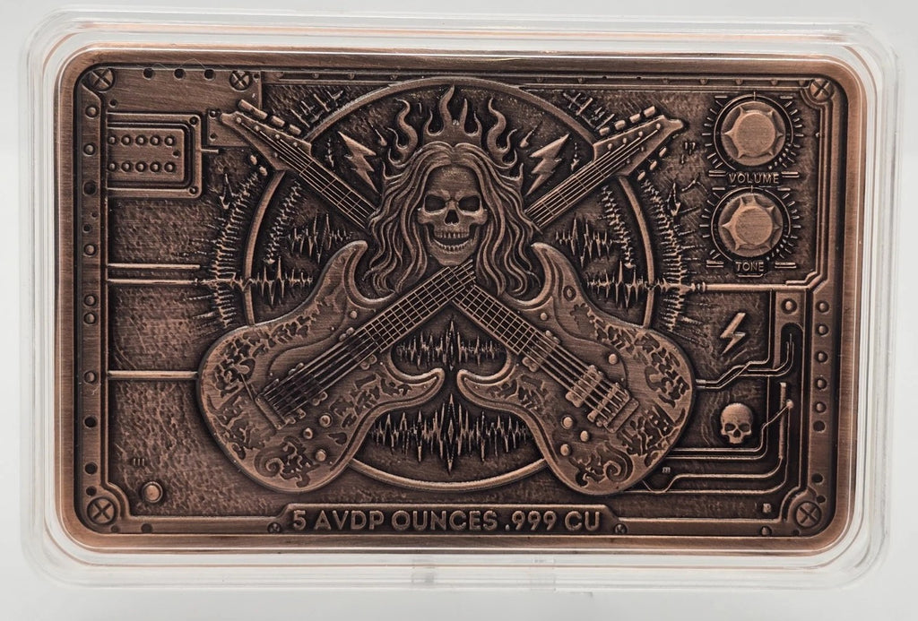 5 oz Copper Bar Eternal Riff Skeleton Guitar in Acrylic Case