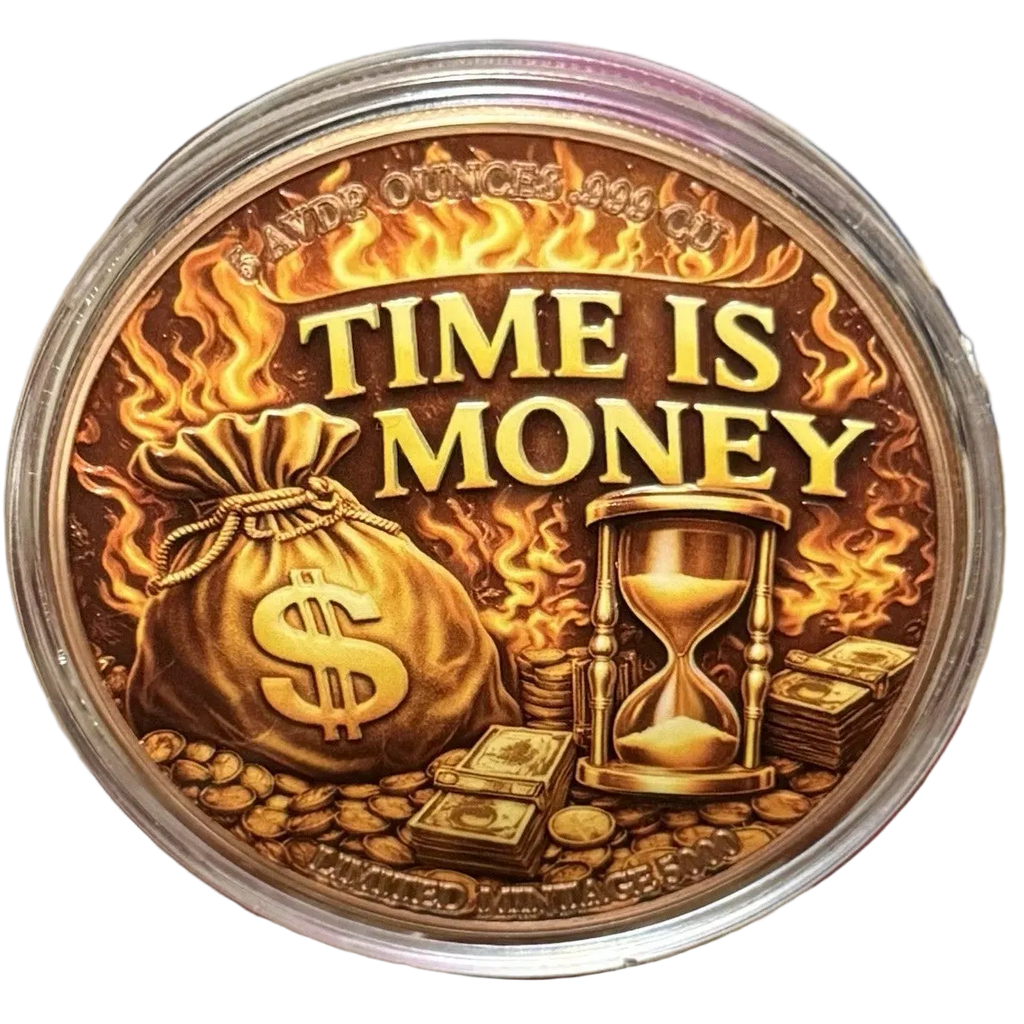 5 oz Copper Round Time is Money With Acrylic Case