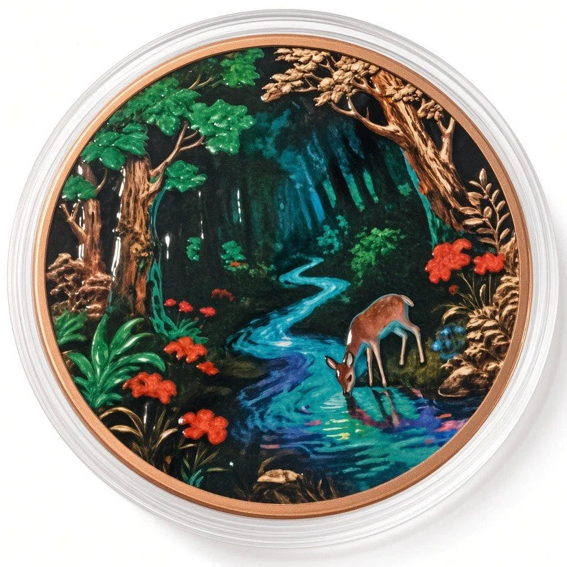 5 oz Copper Enchanted Forest Round Colorized Deer 5,000 Mintage in Acrylic Case & Box
