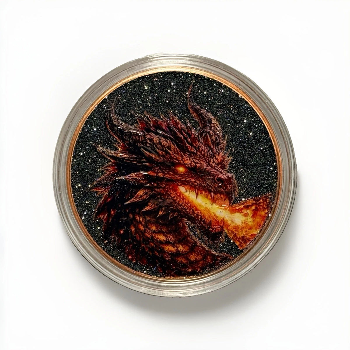 1 oz Copper Round Dragon Fire with Dual Sided Diamond Dust numbered out of 5,000