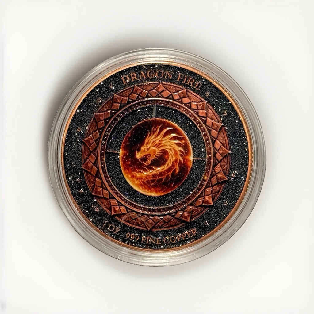 1 oz Copper Round Dragon Fire with Dual Sided Diamond Dust numbered out of 5,000