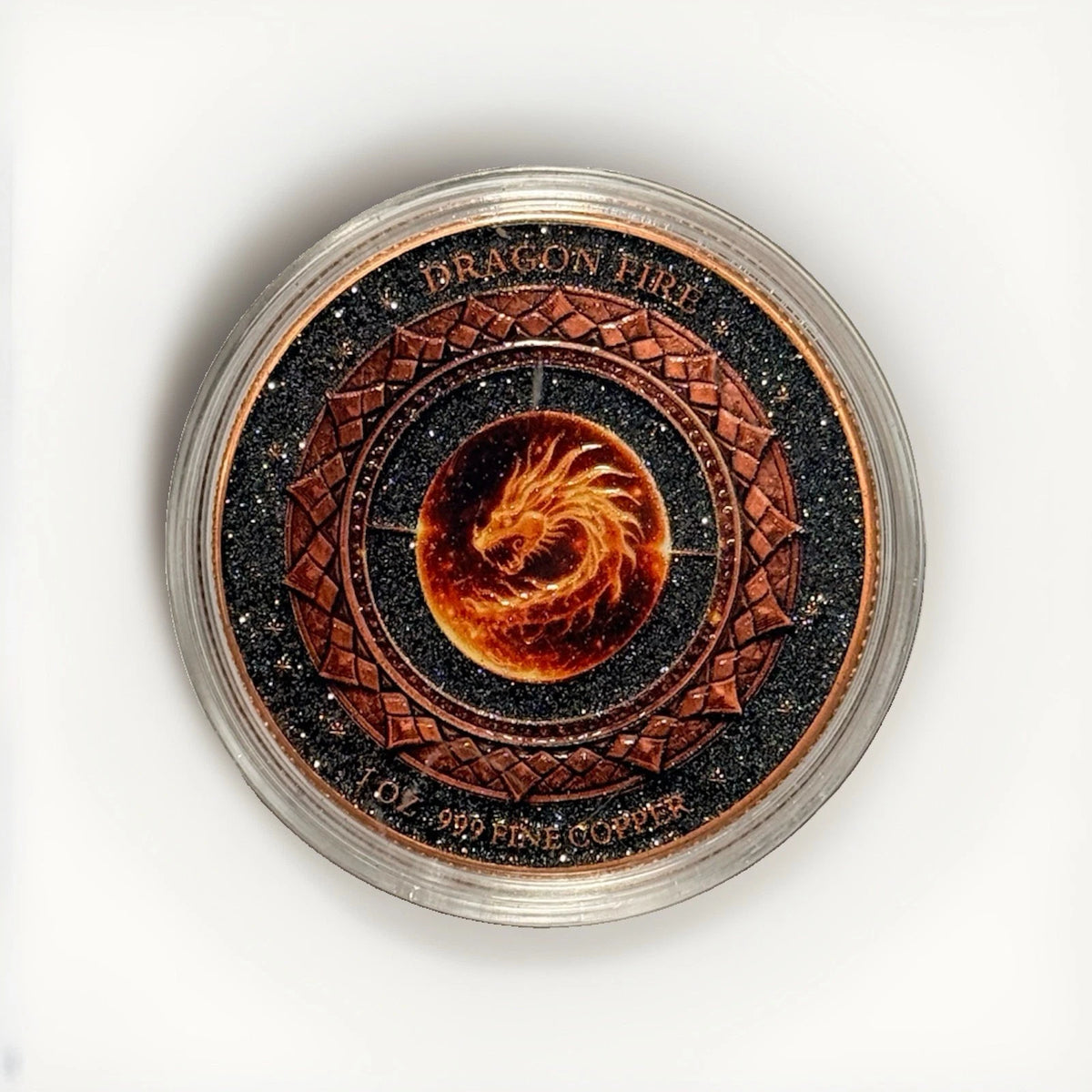 1 oz Copper Round Dragon Fire with Dual Sided Diamond Dust numbered out of 5,000