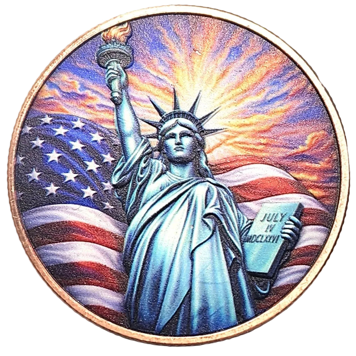 1 oz Colorized Copper Round - Statue of Liberty at Sunset & Flag with Eagle Reverse